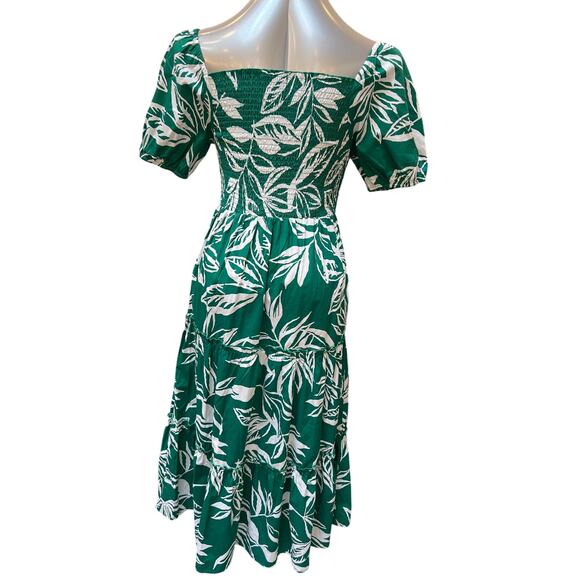 Meadow Rhodes Green Leaf Print Cotton Midi Dress Women's Petite Medium Green - Picture 2 of 4